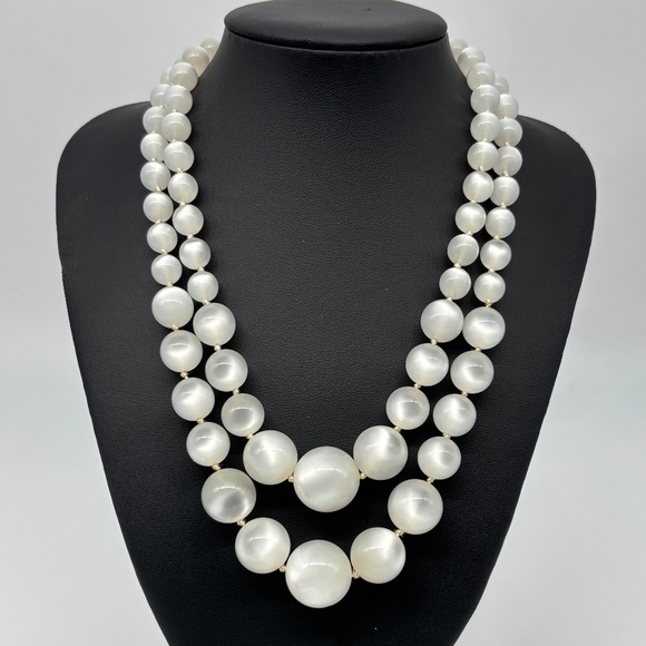 Unsigned Jewelry - Vintage Lucite Beads Pale Blue Moonglow Double Strand Necklace Sterling Clasp!!!